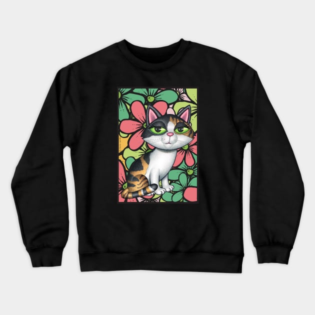 Cute Calico Kitty Cat with multi colored flowers Crewneck Sweatshirt by Danny Gordon Art